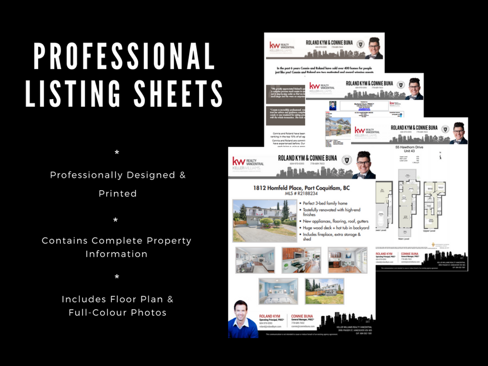 Professional listing sheets are designed and printed professionally and contain complete property information, floor plan and photos.